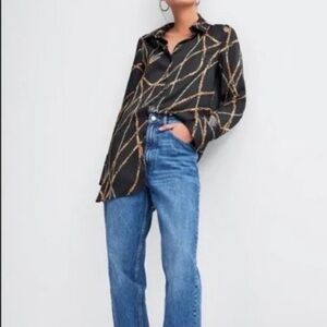 Zara Black Blouse with Gold and Brown Chain Print